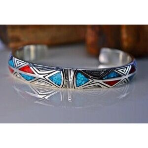 925 Sterling Silver Cuff Bracelet with a tribal design Inlaid with Turquoise...